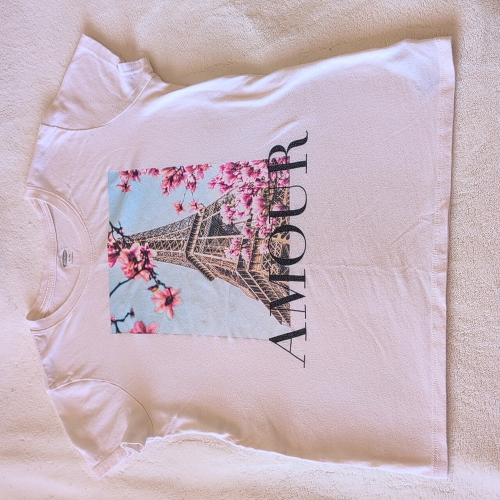 Old Navy White Tee with Eiffel Tower and Pink Blossoms